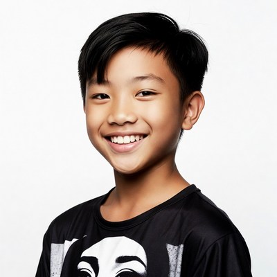 Smiling Asian boy in black t-shirt
