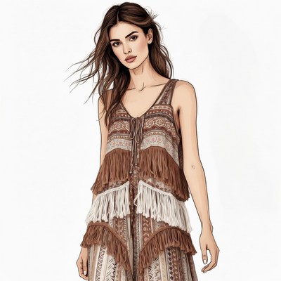 Woman in fringed boho dress illustration