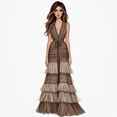 Woman in fringed brown evening gown