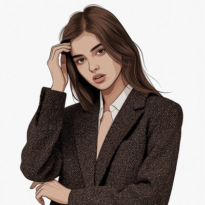 Woman touching hair in brown blazer