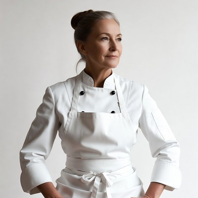 Mature woman in white chef uniform