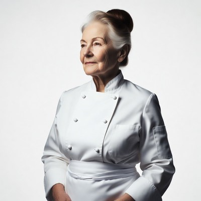 Elderly woman in white chef uniform