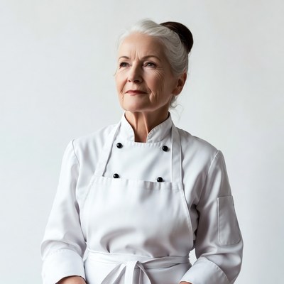 Elderly woman in white chef uniform
