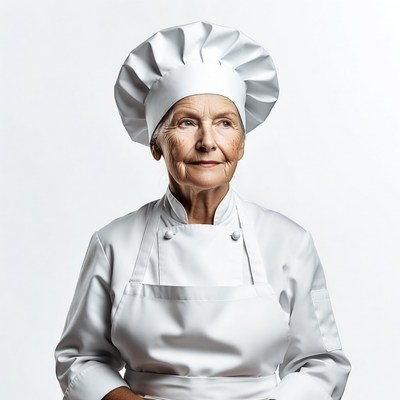 Elderly woman wearing chef uniform