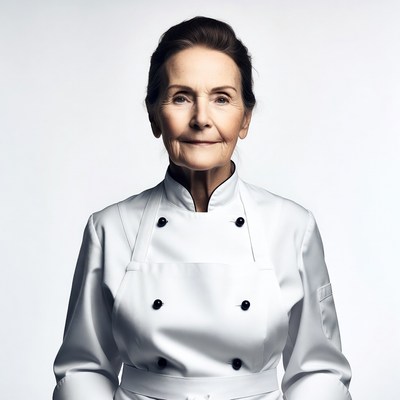 Elderly woman in white chef uniform