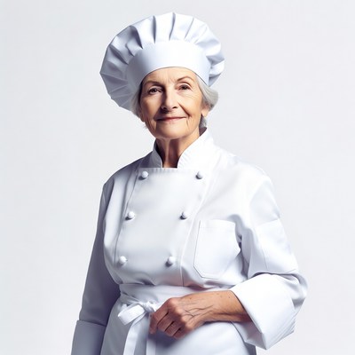Elderly woman wearing chef uniform
