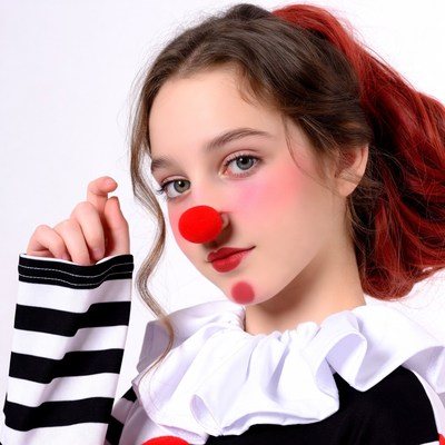Girl in clown costume with red nose