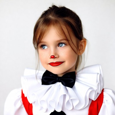 Girl in clown costume with red nose