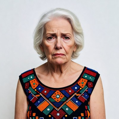 Elderly woman in colorful beaded dress