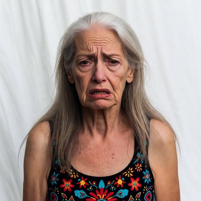 Elderly woman with wrinkled frown