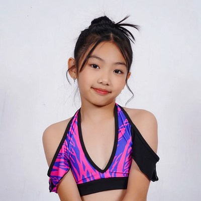 Asian girl in pink zebra swimsuit