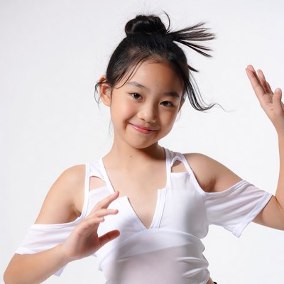 Asian girl waving in white top