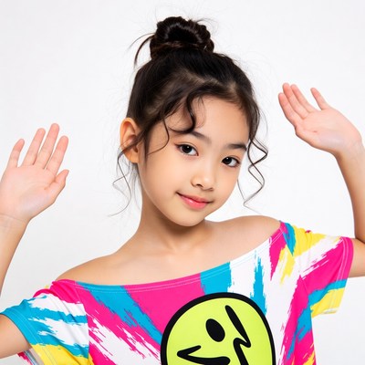 Asian girl in Zumba shirt raising hands