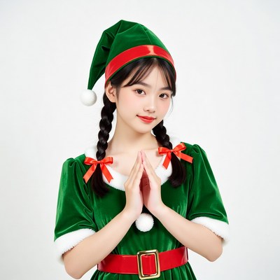 Asian girl in green elf costume