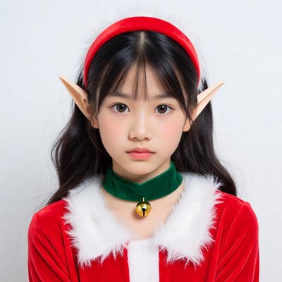 Asian girl in elf Christmas costume
