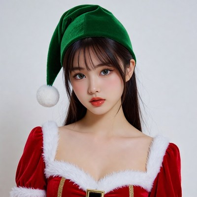 Asian woman in green elf Santa hat