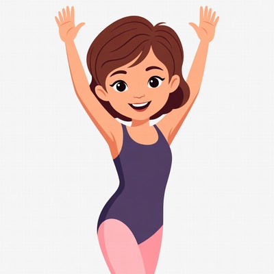 Cartoon girl raising arms in swimsuit