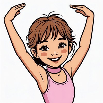 Girl raising arms in pink leotard