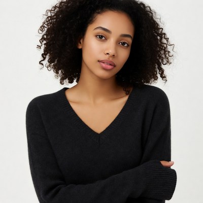 African-American woman in black V-neck sweater