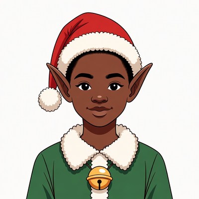 Black elf boy in Santa hat