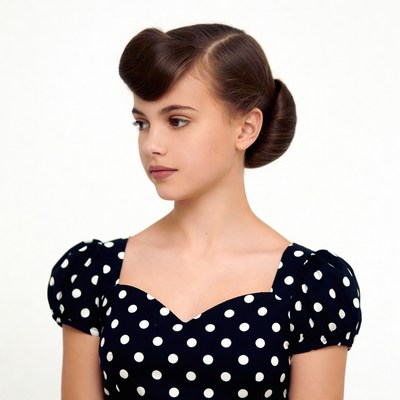 Woman with pin-up hairstyle and polka dot dress