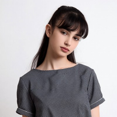 Girl with bangs in polka dot dress