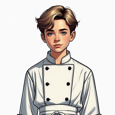 Young boy in white chef uniform
