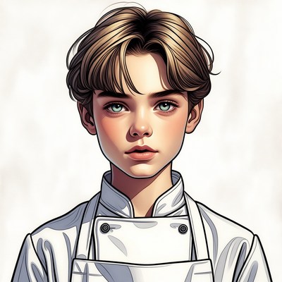 Blonde boy in white chef uniform