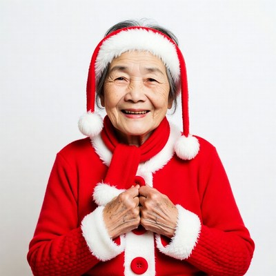 Elderly Asian woman in Santa hat