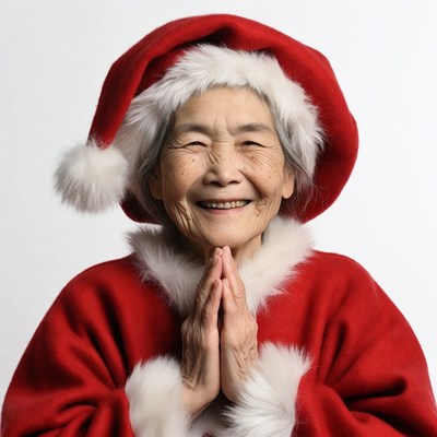 Elderly Asian woman in Santa hat praying
