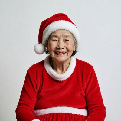 Asian elderly woman in Santa hat
