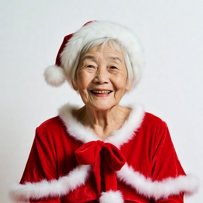 Elderly Asian woman in Santa hat