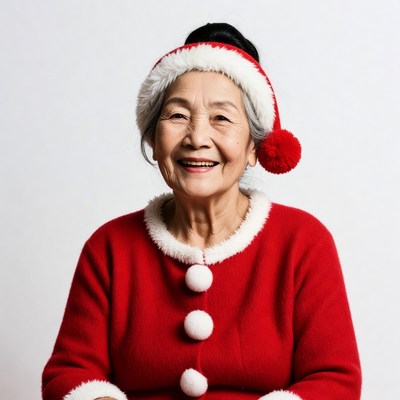 Asian elderly woman in Santa hat