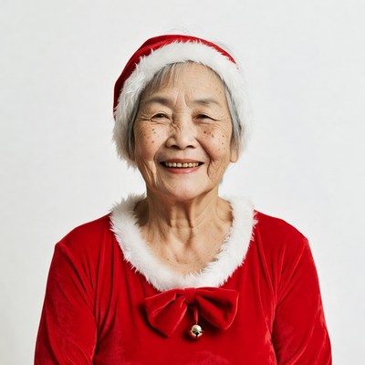 Asian elderly woman in Santa hat