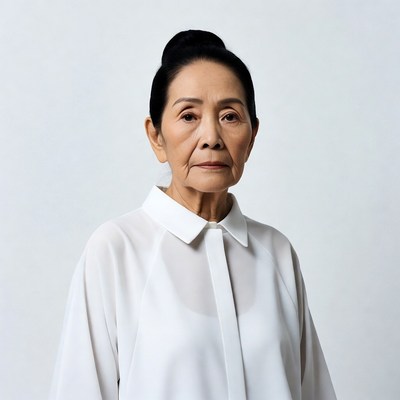 Elderly Asian woman in white shirt