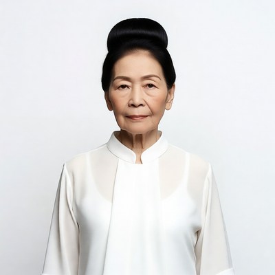 Asian woman in white cheongsam-style blouse