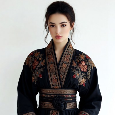 Asian woman in black embroidered kimono