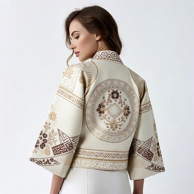 Woman in embroidered jacket back view
