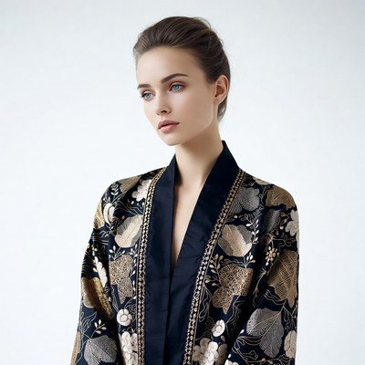 Woman in black kimono robe