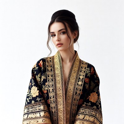 Woman in black gold embroidered kimono
