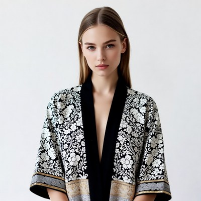 Woman in floral kimono robe