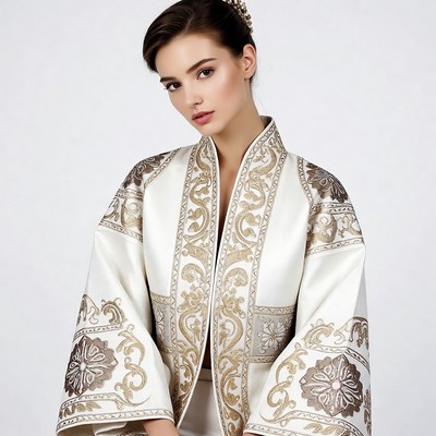Woman in embroidered white kimono jacket