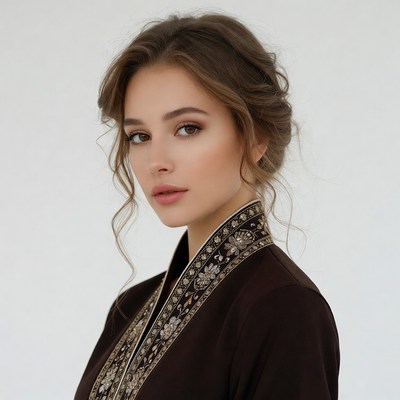 Woman in embroidered brown blazer
