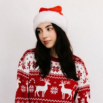 Woman in Santa hat and reindeer sweater