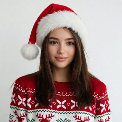Woman wearing Santa hat and sweater