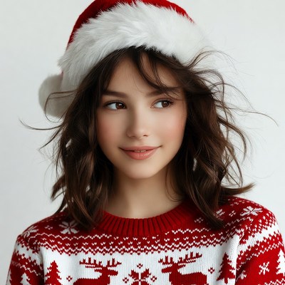 Woman wearing Santa hat and reindeer sweater