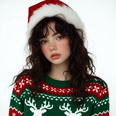 Woman in Santa hat and reindeer sweater