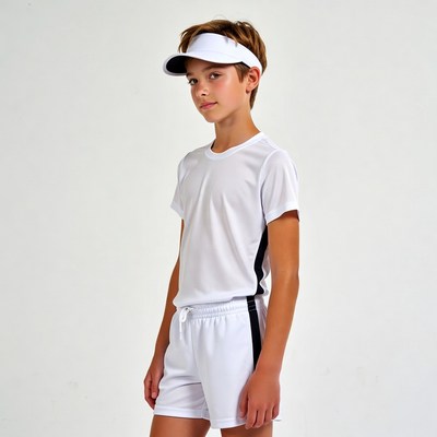 Boy in white tennis outfit with visor