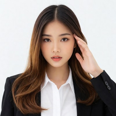 Asian woman touching face in suit