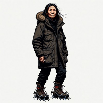 Asian woman in fur hood parka crampons